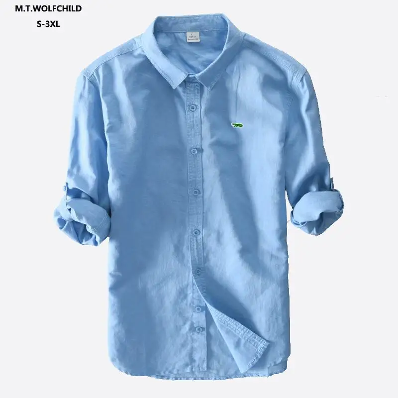 Рубашка мужская с вышивкой и длинным рукавом Повседневная блузка из хлопка льна