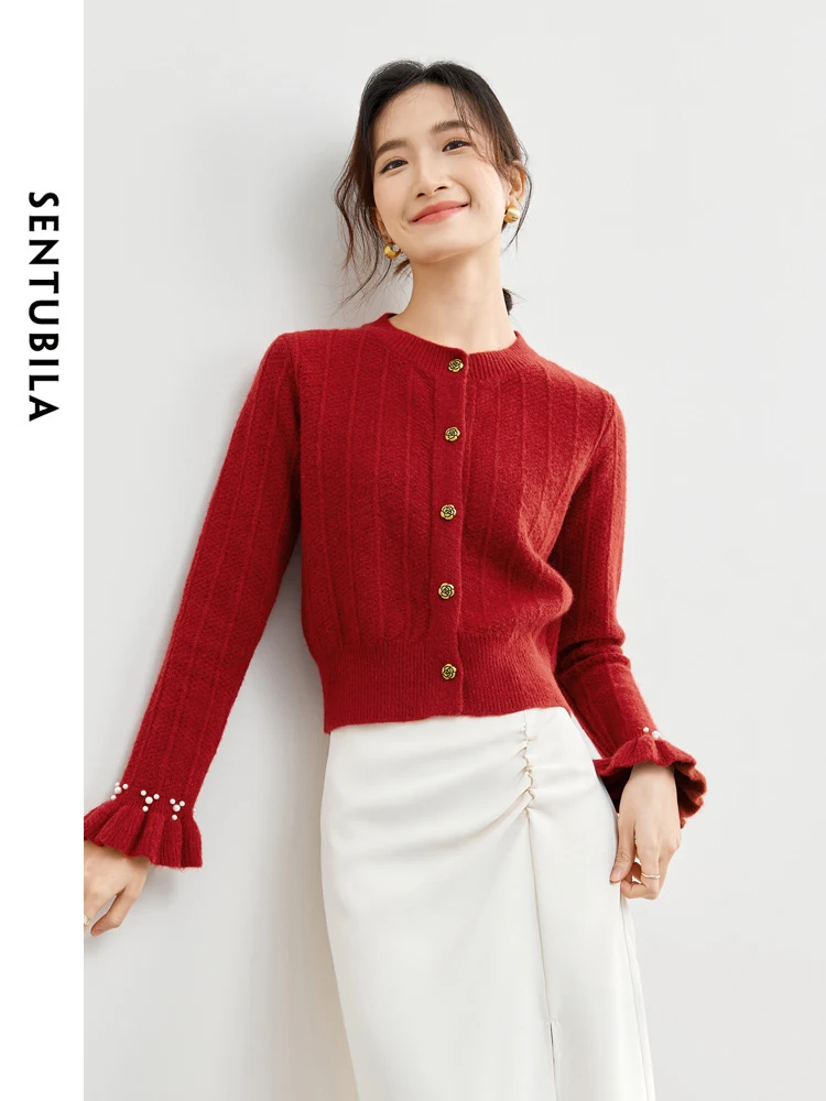 SENTUBILA весенний вязаный укороченный кардиган с круглым вырезом и