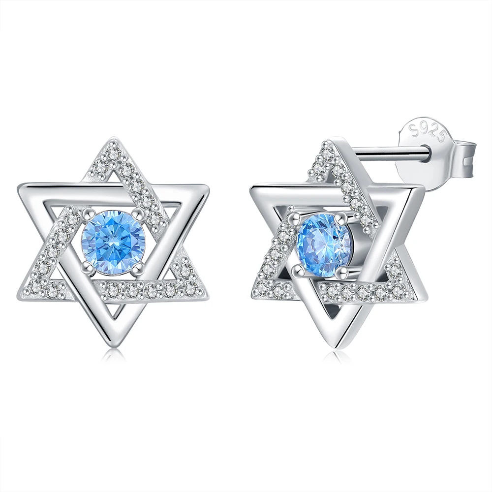 Серьги-гвоздики из стерлингового серебра 925 пробы со звездой Давида и синим