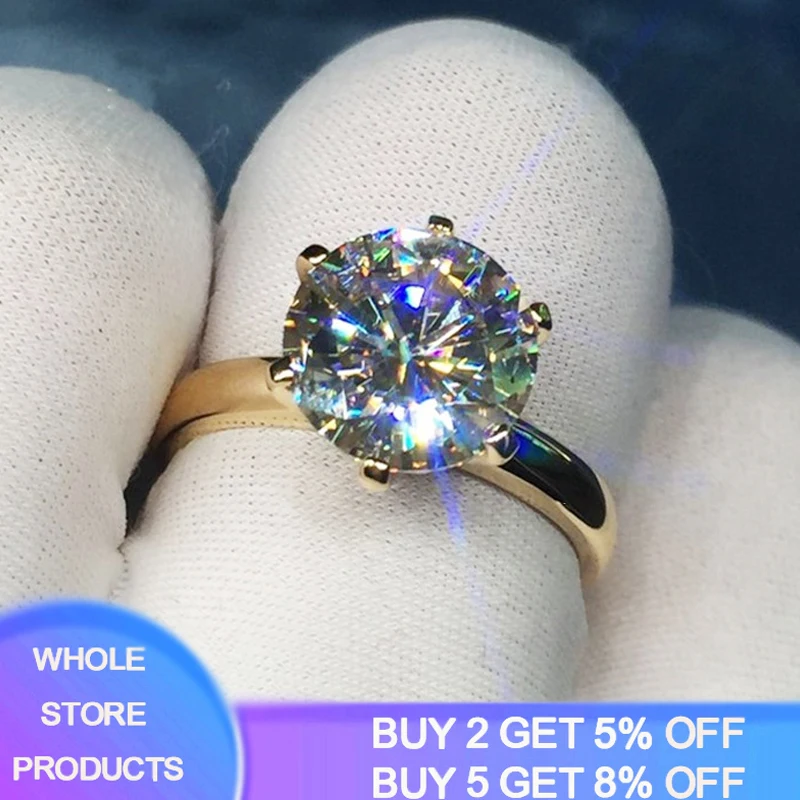 

YANHUI Solid Yellow 18K Gold Color Rings Luxury Round Solitaire 8mm 2ct Zirconia Simulated Diamond Rings For Women
