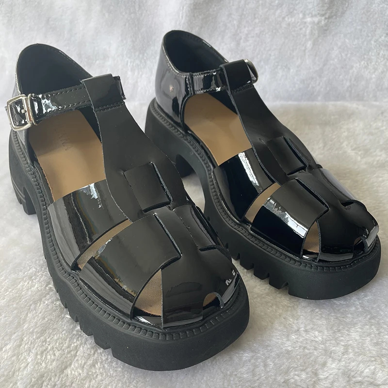 2023 Summer New Roman Sandals Ladies Genuine Leather Fashion Hollow Weave Retro Thick Heel Women Sandals