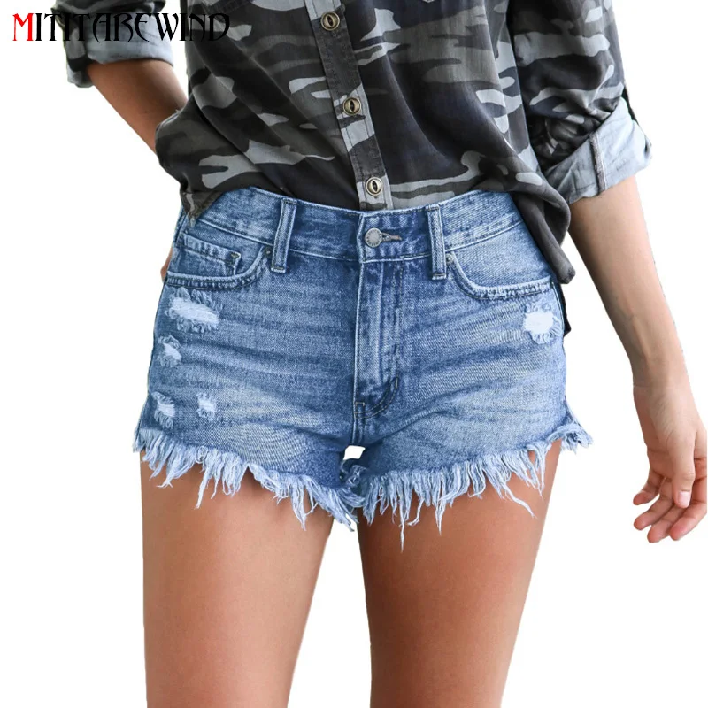 

Джинсовые шорты женские повседневные, уличная одежда, модные рваные джинсовые Стрейчевые шорты со средней талией и бахромой, с рельефными дырками