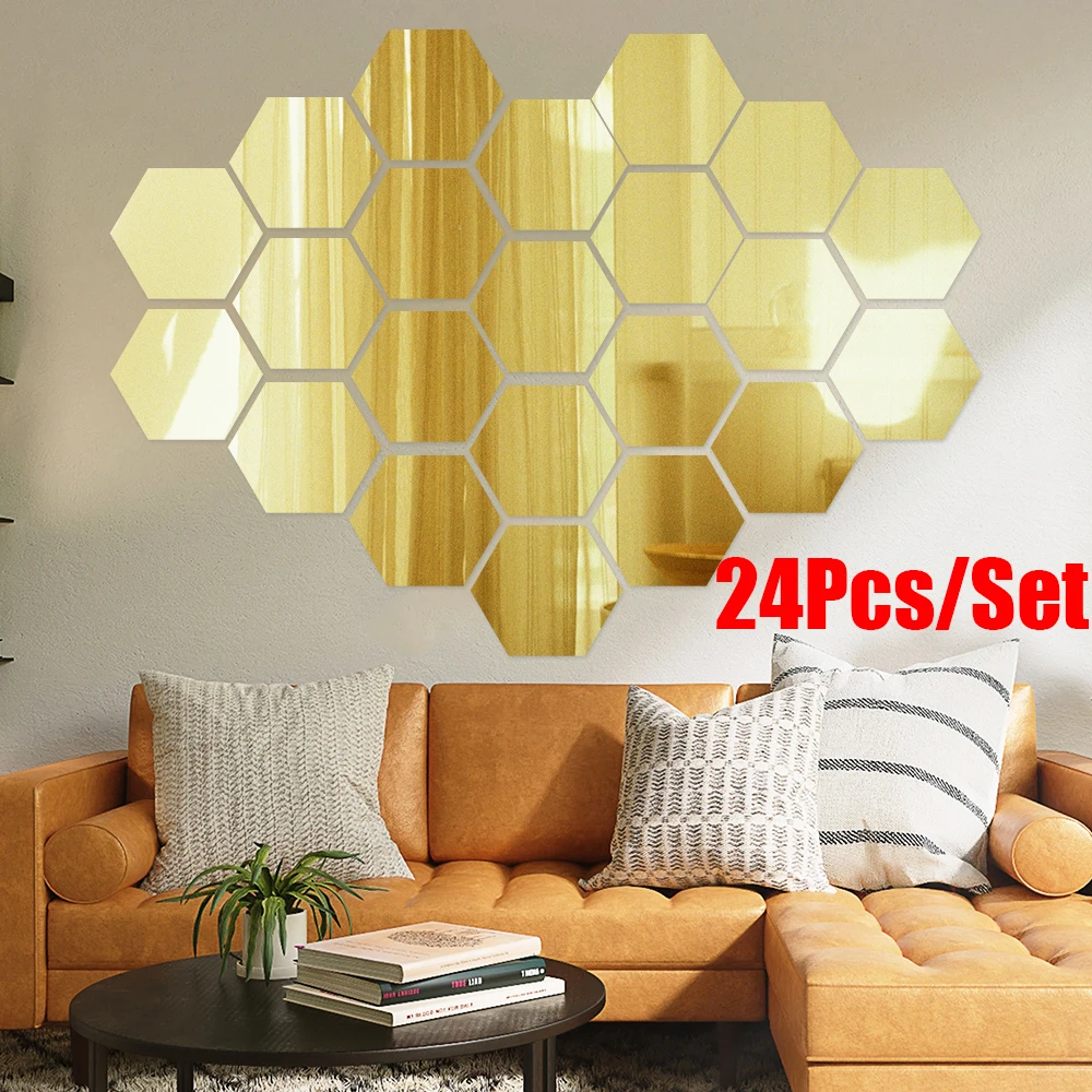 

24Pcs/set Mini Mirror Wall Stickers Acrylic Self Adhesive Removable Hexagon Wall Decals For DIY Living Room Bedroom Home Decor