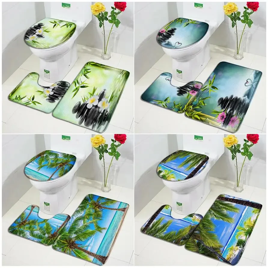 Набор ковриков для ванной с природным пейзажем океан пляж пальмы дзен зеленый