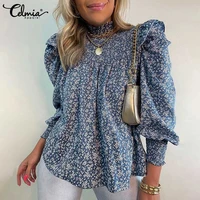 celmia women floral printed blouses 2022 new vintage long puff sleeves tops fashion stand collar shirts holiday pleated blusas