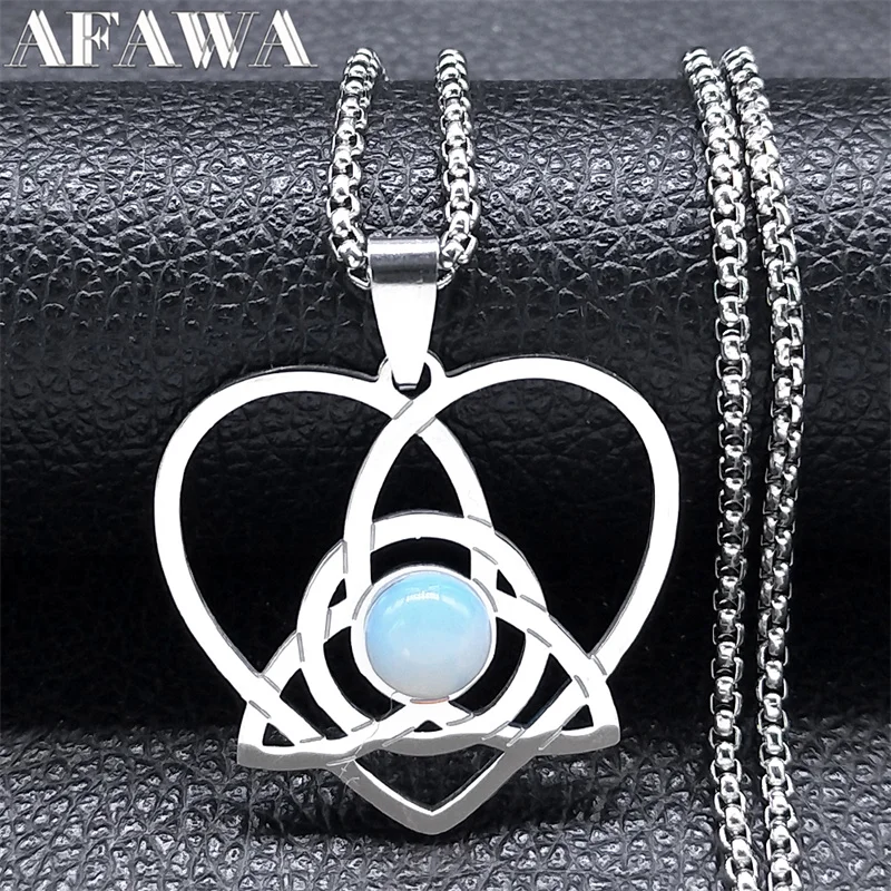 

Witch Trinity Knot Heart Pendant Necklace for Women Men Silver Color Stainless Steel Stone Celtic Irish Necklaces Jewelry N8058S