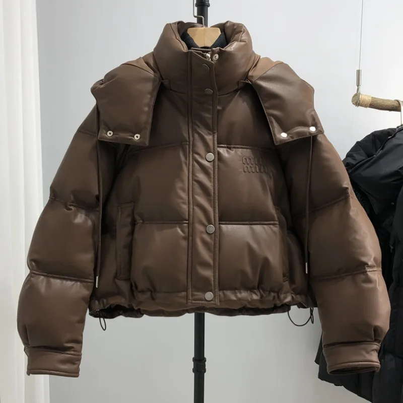 Женский зимний пуховик из искусственной кожи Свободный теплый с капюшоном