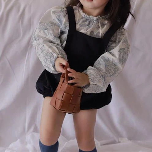 

2023 New Summer Toddler Baby Girl Clothes Long Sleeve Floral Blouses Solid Overalls 2Pcs Outfits Children Clothing Set