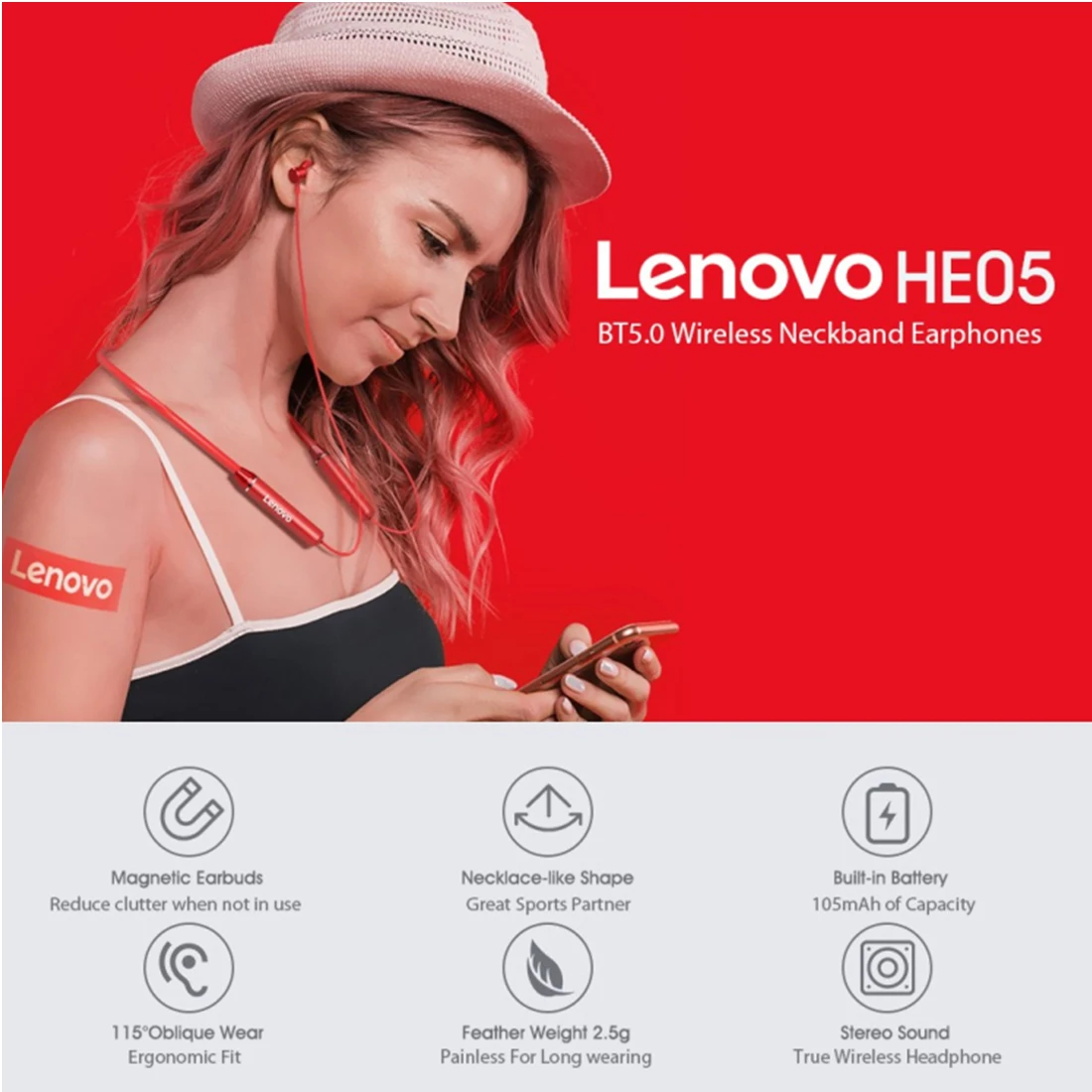 

Lenovo Bluetooth Earphones HE05 Wireless Earbuds Magnetic Neckband Earphone Waterproof Sport Headset With Mic Noise Cancelling