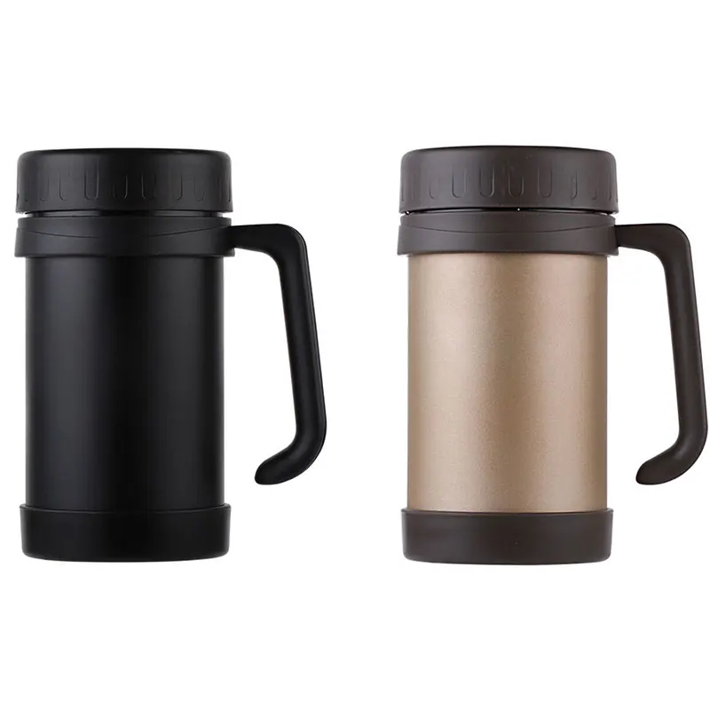 

2X 500Ml/17Oz Thermo Mug Stainless Steel Vacuum Flasks With Handle Thermo Cup Office Thermoses Black & Gold