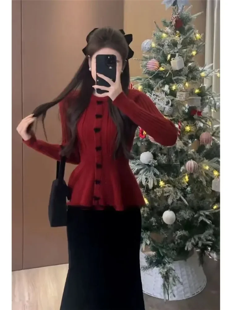 Праздничный красный, черный, белый модный сказочный свитер с милыми бабочками, тонкий вязаный пуловер с оборками по подолу, новый весенний джемпер с круглым вырезом (art.: 3920c48835012) - 3920c48835012
