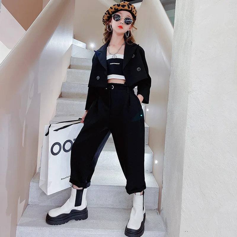 Girls Blazer Suits Clothing Sets Spring Autumn Kids Jackets+Pants With Belt Fashion Solid Formal Teenage Casual Outfits 4-14Year
