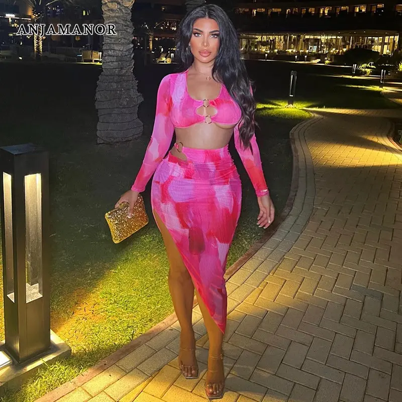 

ANJAMANOR Rose Red Print Asymmetric Split Dress Sets Sexy Two Piece Set Skirt and Top Night Club Birthday Outfits Women D17-CC22