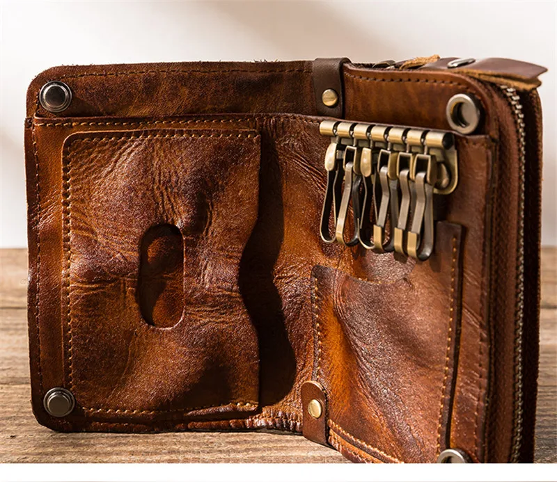 Retro fashion high quality natural genuine leather men's and women's short wallet outdoor daily real leather storage key case