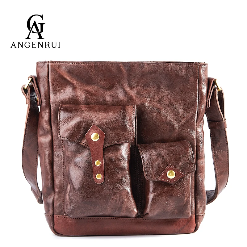 ANGENGRUI•Luxury Men's Bag Leather Fashion Shoulder Bag First Layer Cowhide Casual Vegetable Tanned Leather Messenger Bag