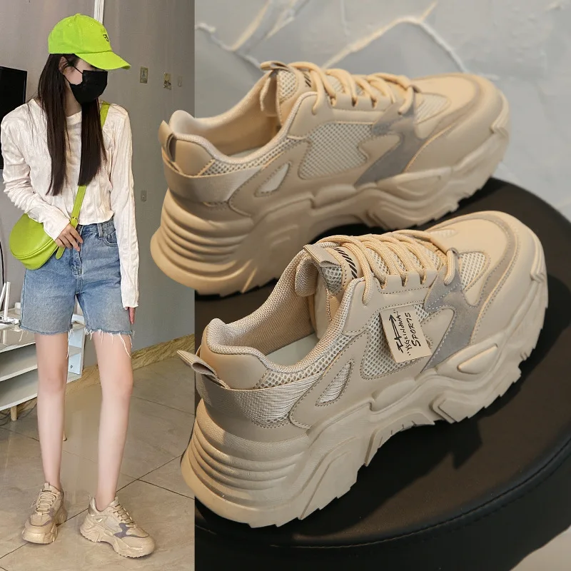 

2023 New Women Chunky Sneakers Autumn Leather Mesh Casual Sport Shoes Thick-soled Girl Height Increasing Dad's Shoes