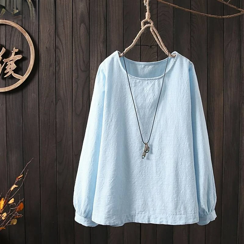 

Women Long Sleeve Cotton Linen Blouse Spring Solid Tops 2022 Female O Neck Loose Casual Shirt Vintage Blusas