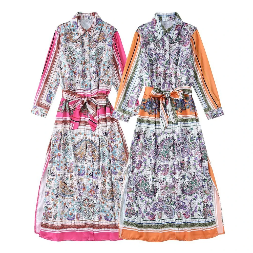 

Женское платье с поясом и принтом, повседневное элегантное платье в стиле ретро с длинным рукавом и отложным воротником, шикарное платье с р...