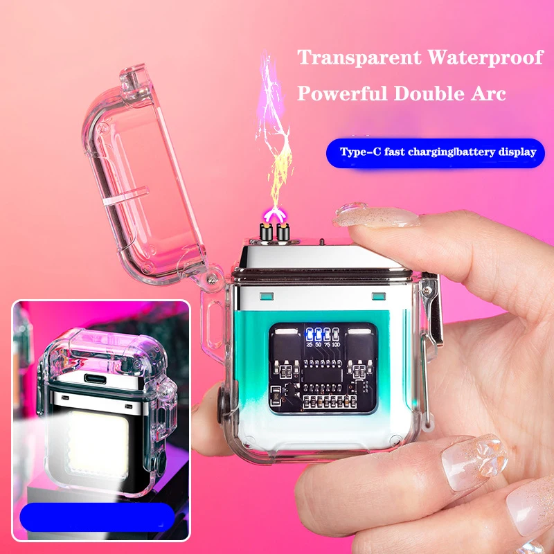 

New Outdoor Windproof Waterproof Transparent Shell Electronic Pulse Lighter Smoking Accessories Double Arc Men's Gift