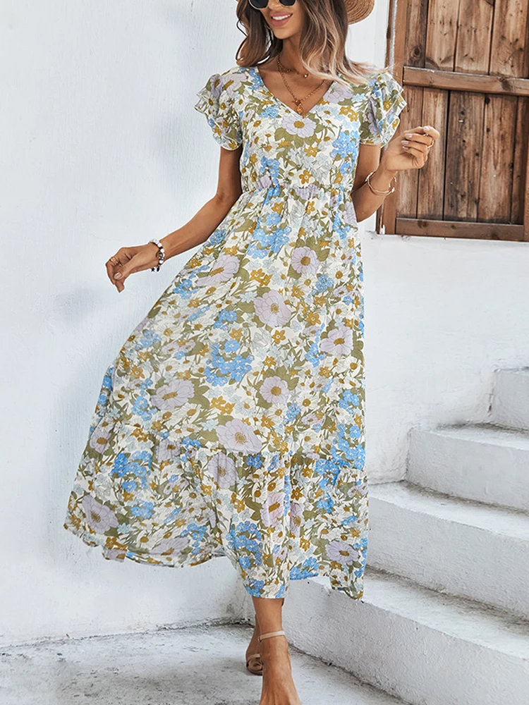 

YYK винтажное платье с принтом, женские цветочные платья макси с оборками, женское Элегантное летнее платье с V-образным вырезом и рукавом-баб...