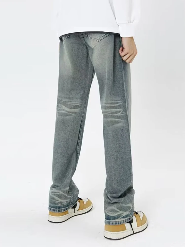 Four Seasons Men Jeans Antique Jeans Beard Effect Washed Straight Tube Denim Jeans Motorcycle Jeans Street Costume Ins Hot Sale