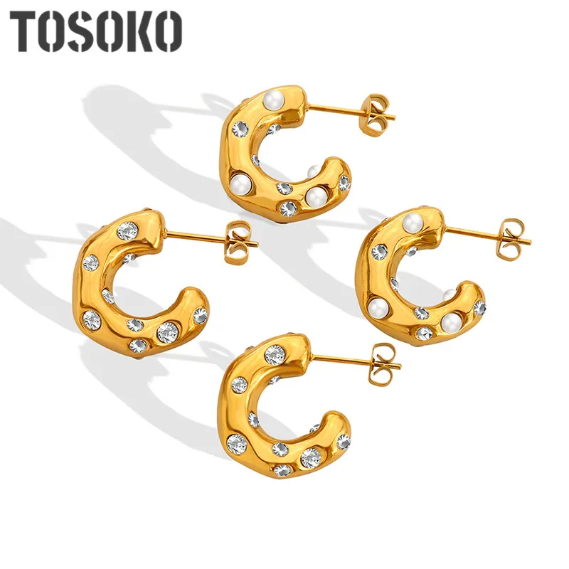 TOSOKO Пружинные серьги из нержавеющей стали с жемчугом цирконием в форме с женские модные серьги с покрытием из 18-каратного золота