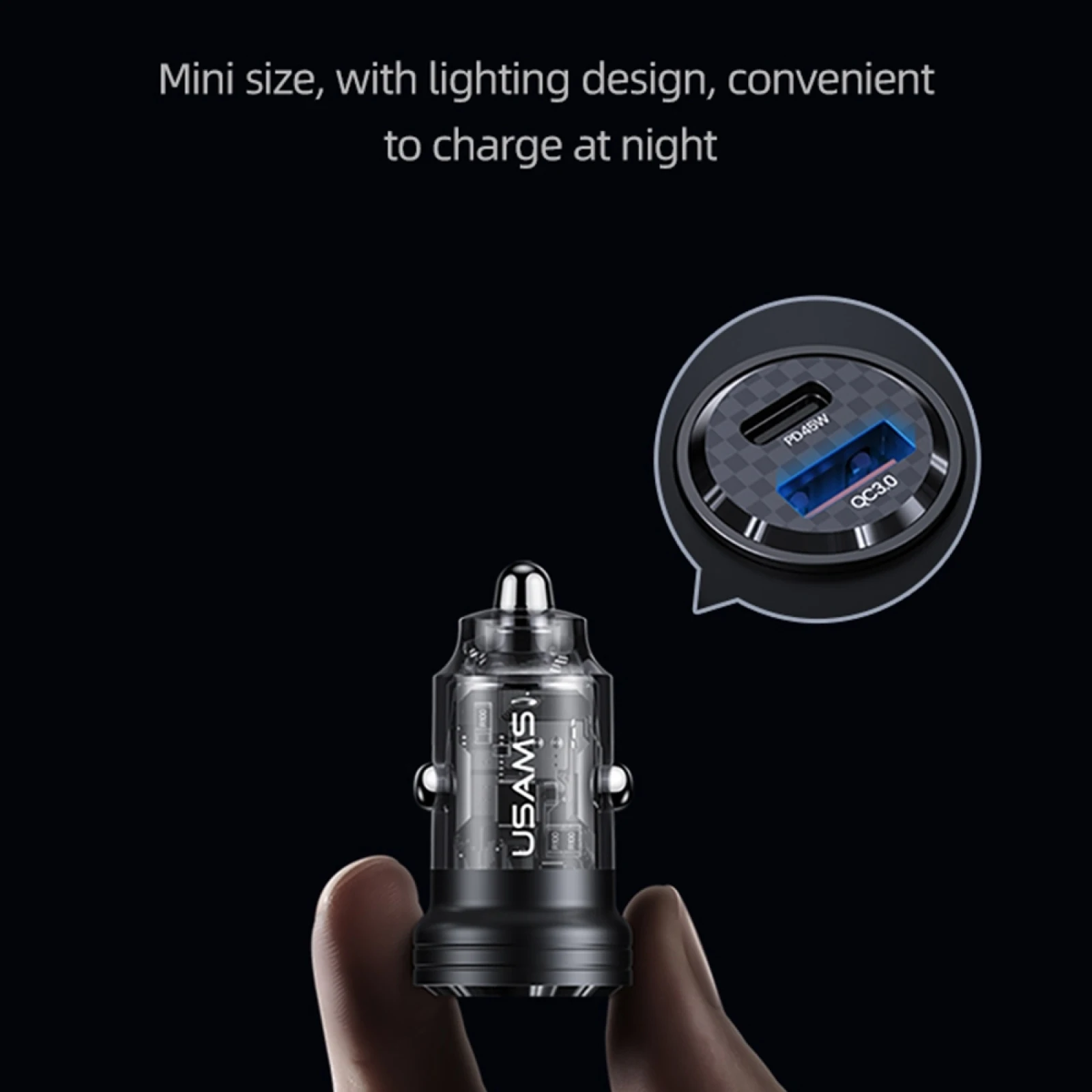 

USAMS US-CC175 C35 45W алюминиевый сплав прозрачный двойной USB порт мини автомобильное зарядное устройство для Мобильный телефон