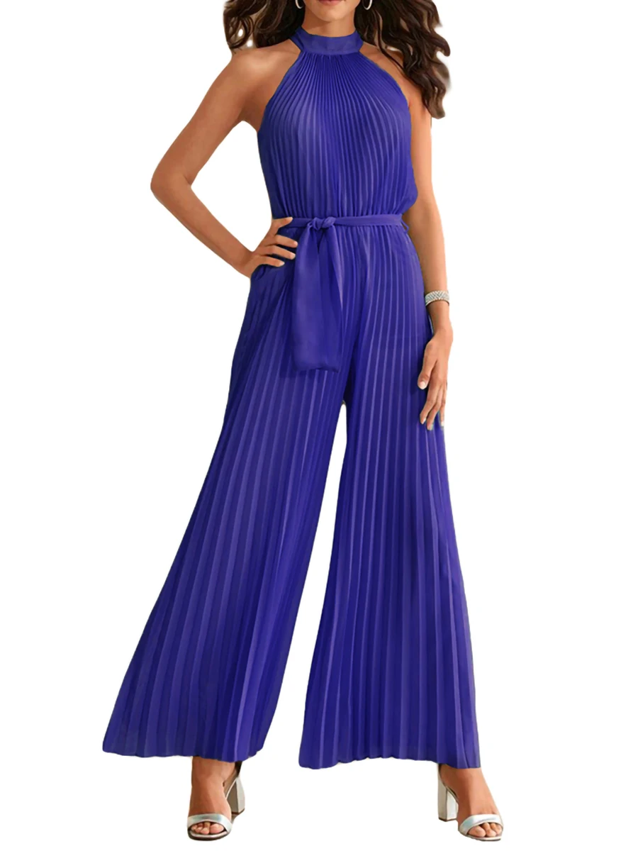 

Women s Summer Halter Sleeveless Party Jumpsuit Pleated High Waist Wide Leg Long Pant Romper with Belt