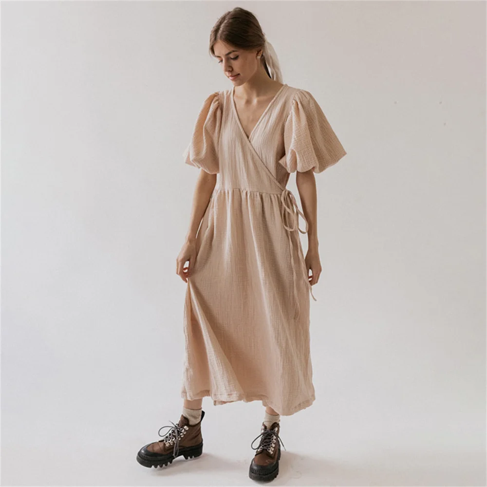 

100% Cotton Apricot Loose Midi Dress for Women Summer Elegant Solid V-neck Puff Sleeve Lace-Up Dresses Female Causal Robe