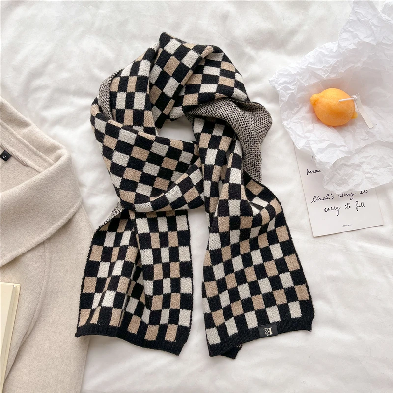 

Fashion Plaid Neckerchief Knitted Scarf for Women Winter Warm Woolen Yarn Muffler Bufandas Cashmere Scarfs Long Skinny Echarpe