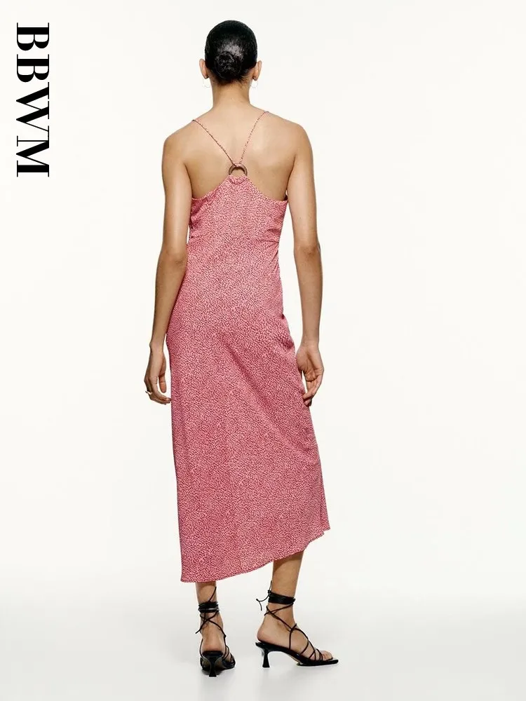 Женское платье на бретельках винтажное миди с открытой спиной и V-образным