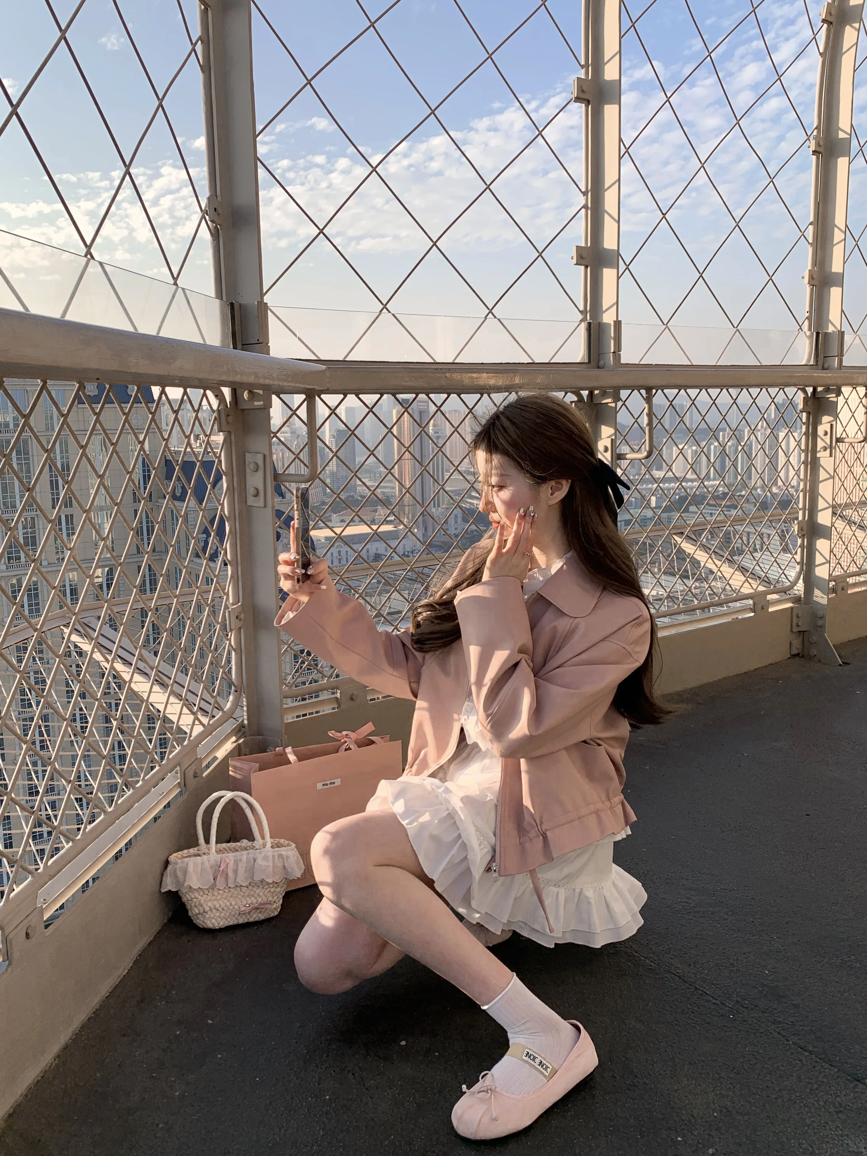 Cute JA @ Sunset Pink Leather Coat Outerwear Lapel Drop Shoulder Sleeve Loose Retro American Jacket Top Spring