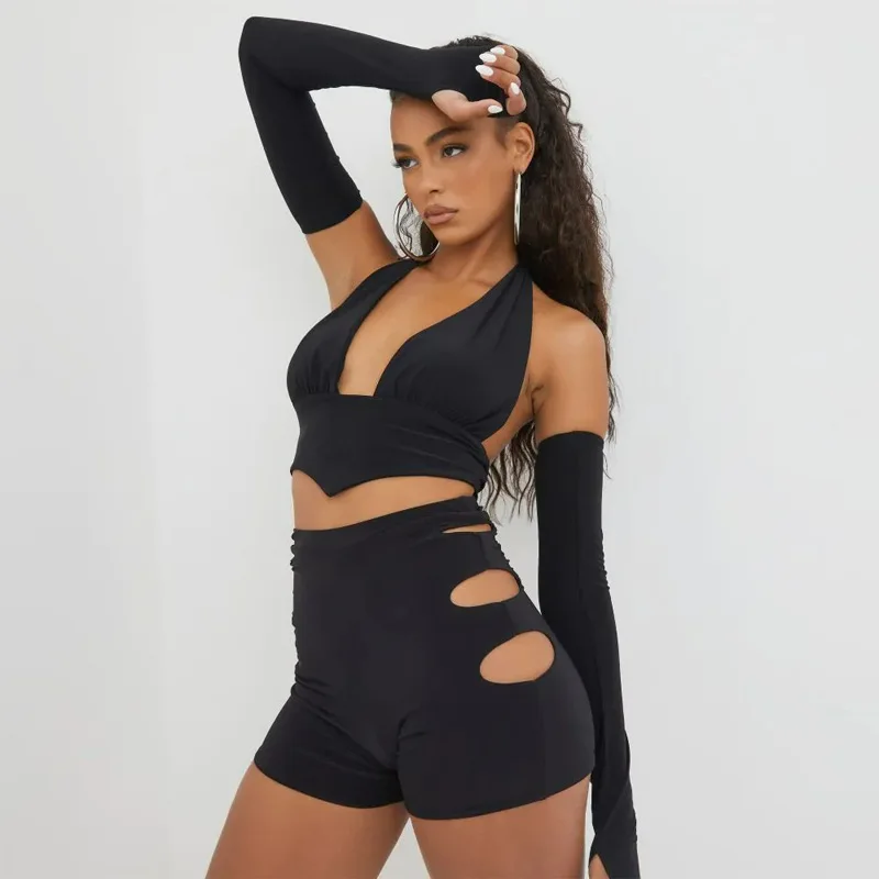 

Casual Sexy Summe Y2K Tracksuit Women White 2022 Crop Top Halter Neck And Mini Biker Shorts Black Outfits Two Piece Set