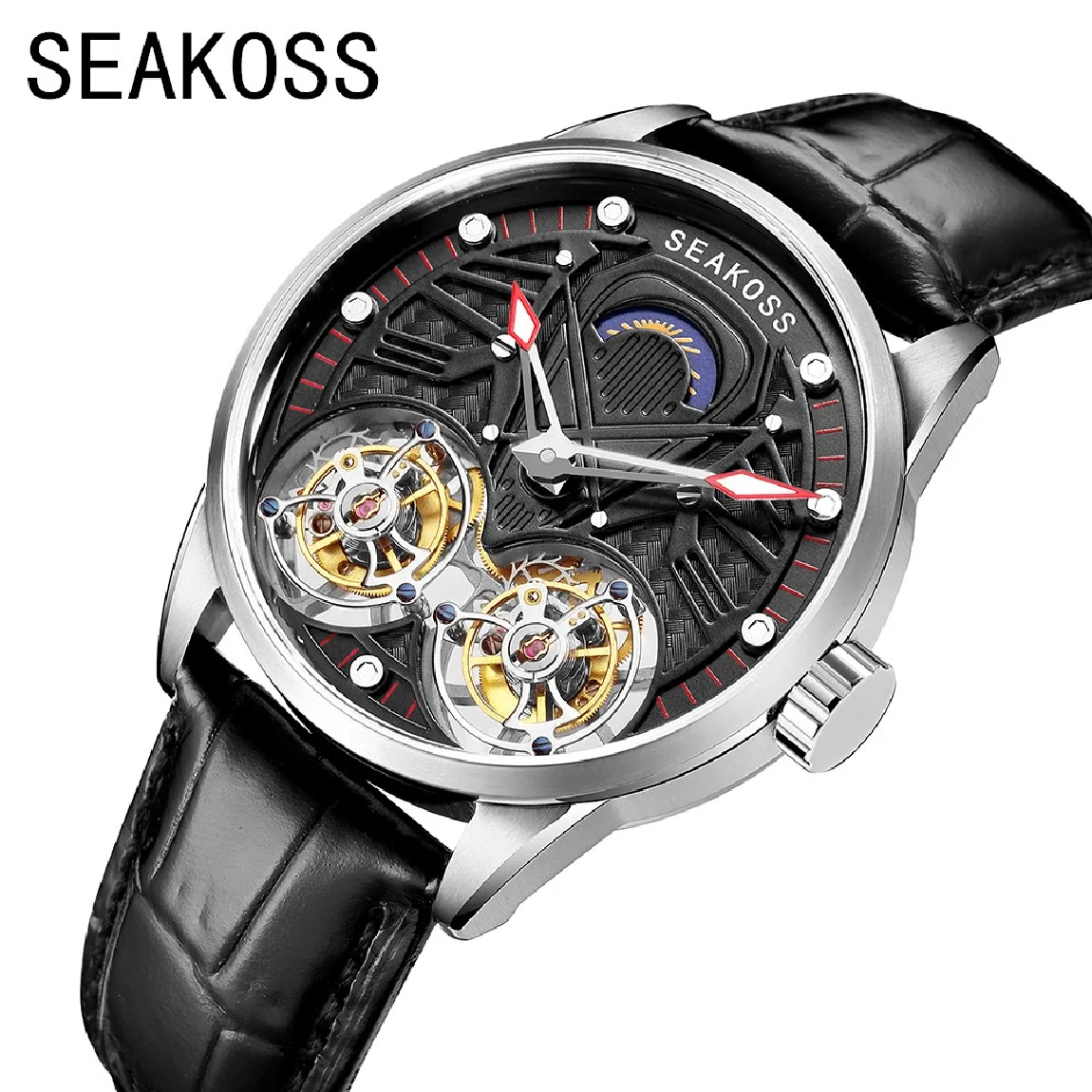 

SEAKOSS Super Men's Real Dual Tourbillon Watches 2021 Limited Edition Luminous Hands Manual Winding Pilots Men Mechanical Watch
