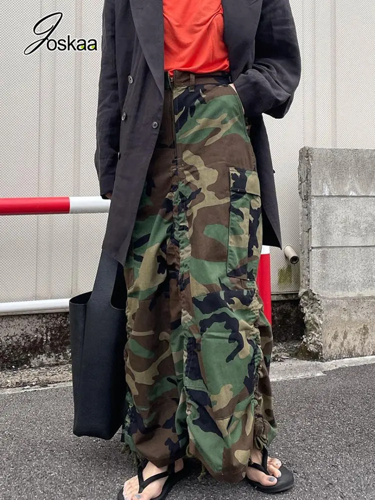 

Joskaa Camouflage Drawstring Loose Skirts Women Hipster High Waist Zipper Pockets Maxi Skirts Female Bottoms Harajuku Streetwear