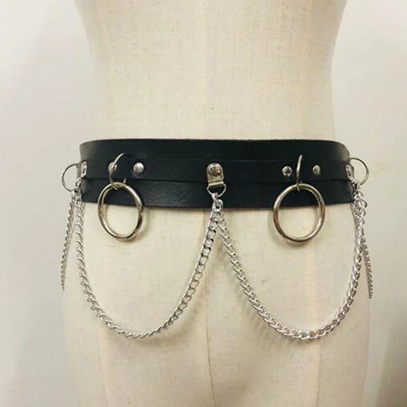 2023 New Punk Gothic Faux Leather Belt Metal Chain Ring Waist Strap Street Dance Decor