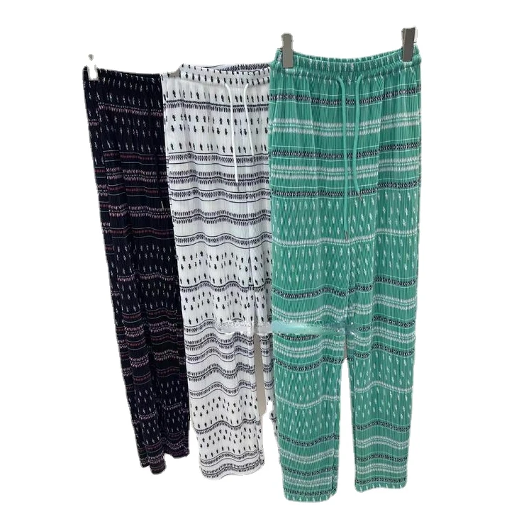

Bohemian Green Striped Wide Leg Pants Women Vacation Ethnic Style Pleated L Pants