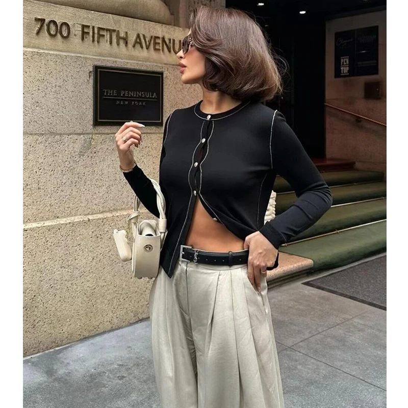 Свитер TRAF осенний женский свитер 2024 новый эластичный облегающий кардиган модный