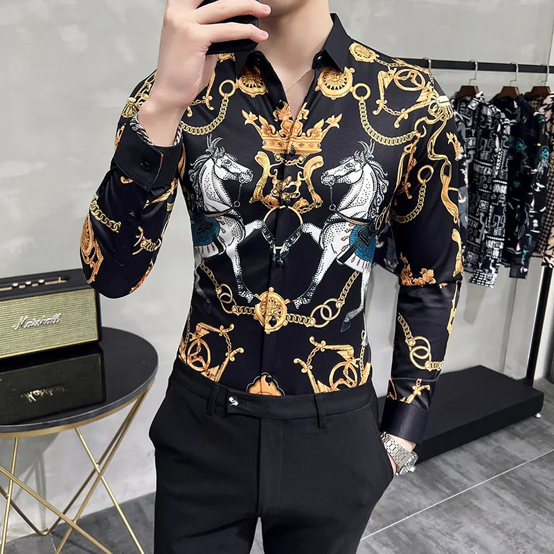 

LIFENWENNA Fashion American Style Horse Printed Shirt Men Luxury High Quality Long Sleeve Shirts Party NightClub Slim Fit Blouse