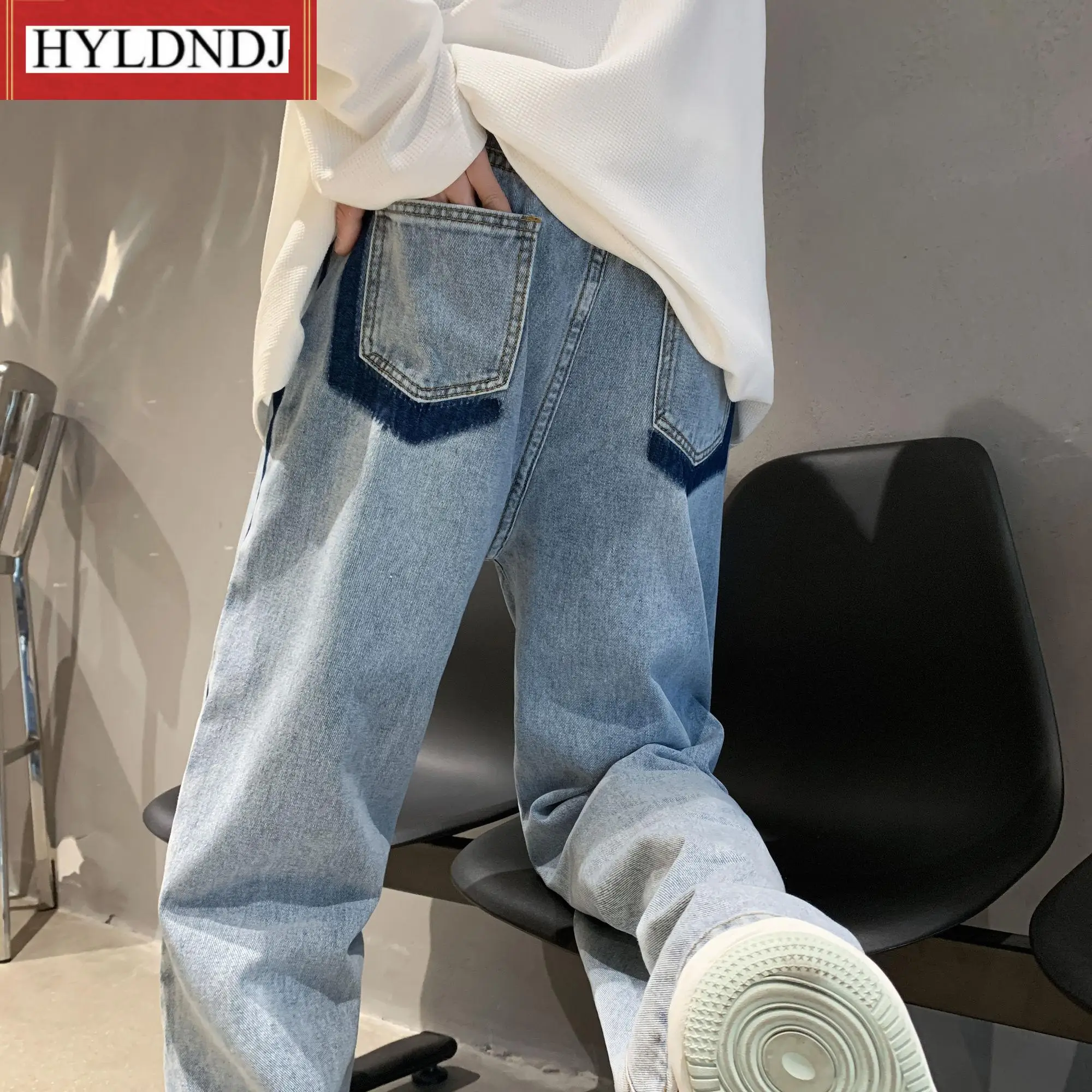 New Male Minority Design Sense Splicing Jeans Overlapping Stripes High Street Vibe American Trousersfloor Length Straight