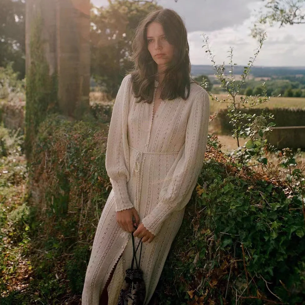 

23 Summer French vintage handmade crochet cardigan style dress lazy wind waisted knitted long dress women