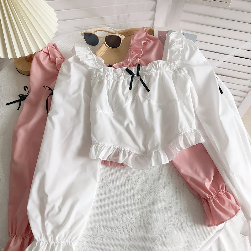 

ITOOLIN 2021 Женская осень/зима корейский милый подходящий ко всему темпераментный галстук-бабочка квадратный воротник Высокая талия тонкая рубашка с длинным рукавом Топ