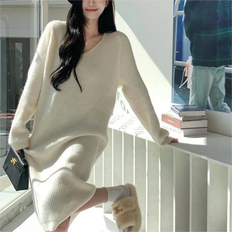 

Thread Knitted Dress Women's Korean Loose O Neck Long Sleeve Solid Color Bottom Autumn New Elegant Casual Medium Length Dresses