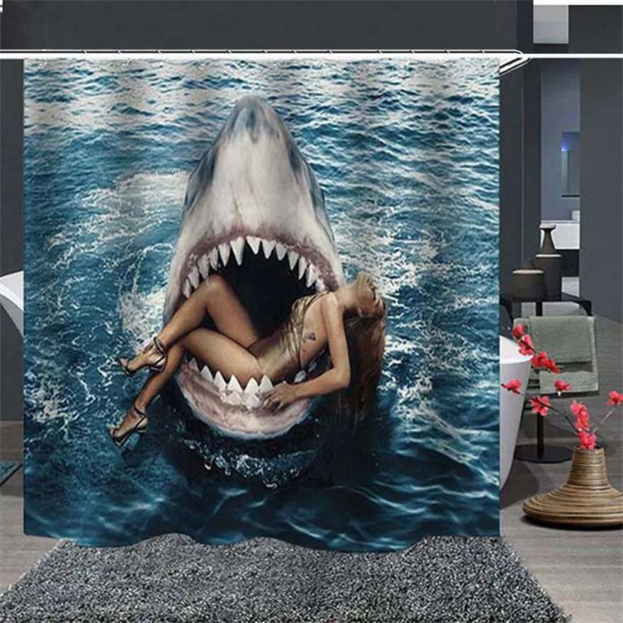 

Animal Sharks Shower Curtains Bathroom Waterproof Polyester Cloth Sexy Woman Lying In Shark Mouth Curtain for Bath Ocean Theme