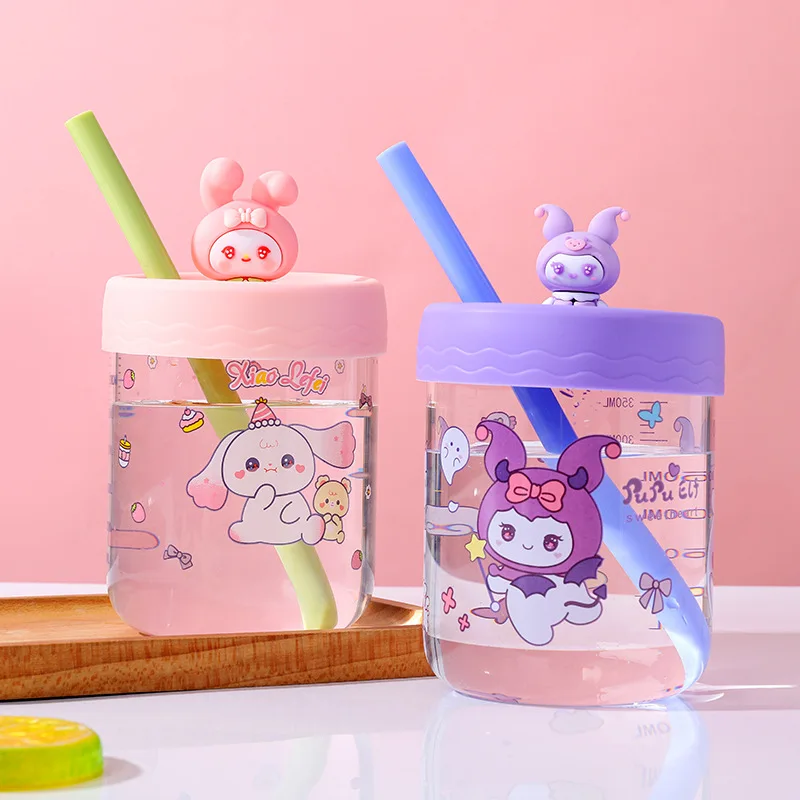 

Sanrio Water Cup Cinnamoroll Kuromi Summer High Beauty with Cute Toy Straw Large Caliber Graduated Sealed Anti Leakage Glass Cup