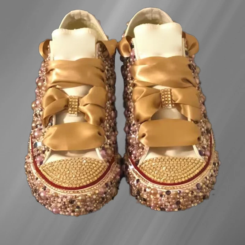 

Handmade Pearl Custom Low-Top Canvas Shoes Fashion Personality Trimmed Casual Banquet Shoes Large Size 35-46