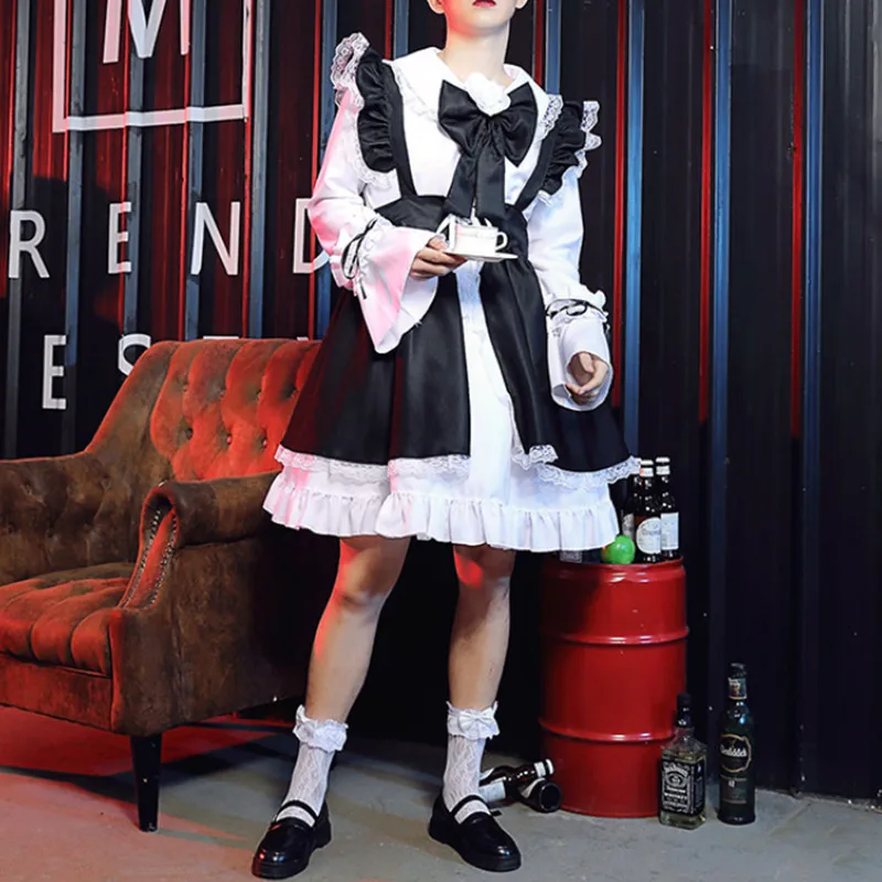 

2022 Mens Sissy French Maid Uniform Fancy Dress Sexy Funny Costumes Clubwear Parties Satin Dress with Choker and Headband