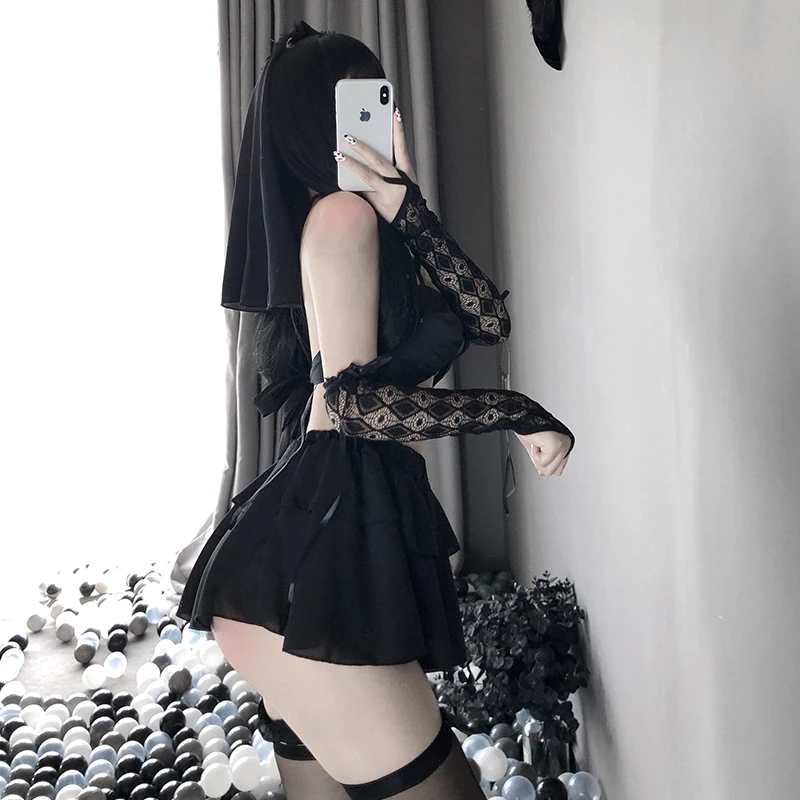 

Women Wedding Dress Sexy Bride Cosplay Outfit Solid Color Black White With Elegant Veil Mini Skirt Halter Bow-Knot Bra New