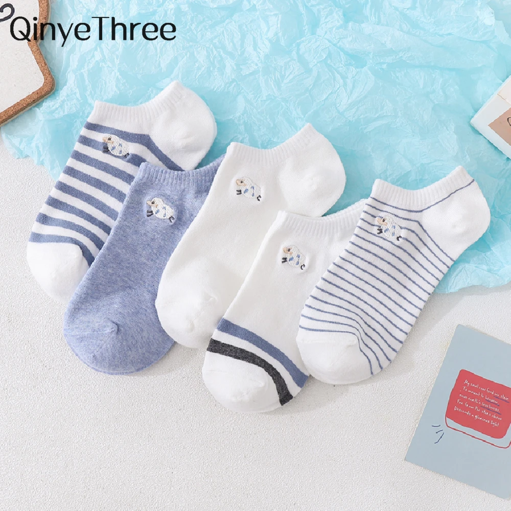 

Cute Girls' Embroidery Lamb Light Blue White Soft Cotton Ankle Socks Striped Fresh Literary Sheep Casual Sokken Dropship