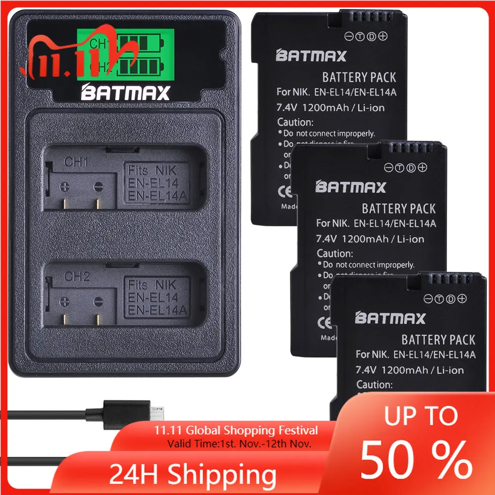 

Зарядное устройство USB Type-C для Nikon P7800,P7100,D3400,D5500,D5300,D5200,Df, 3 шт.